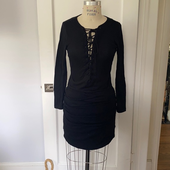 LNA Long Sleeve Little Black Dress with Lace Up Bust. - Picture 1 of 8